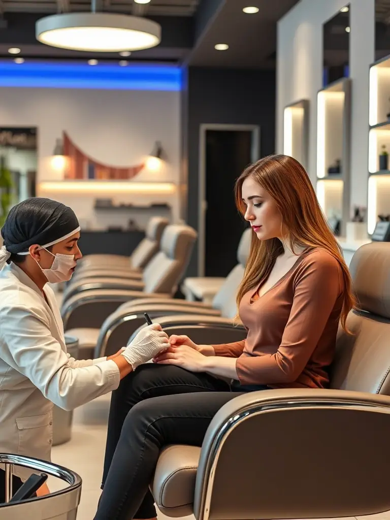 A woman receiving a manicure in the salon, with focus on the technician applying nail polish. The salon is clean and modern.