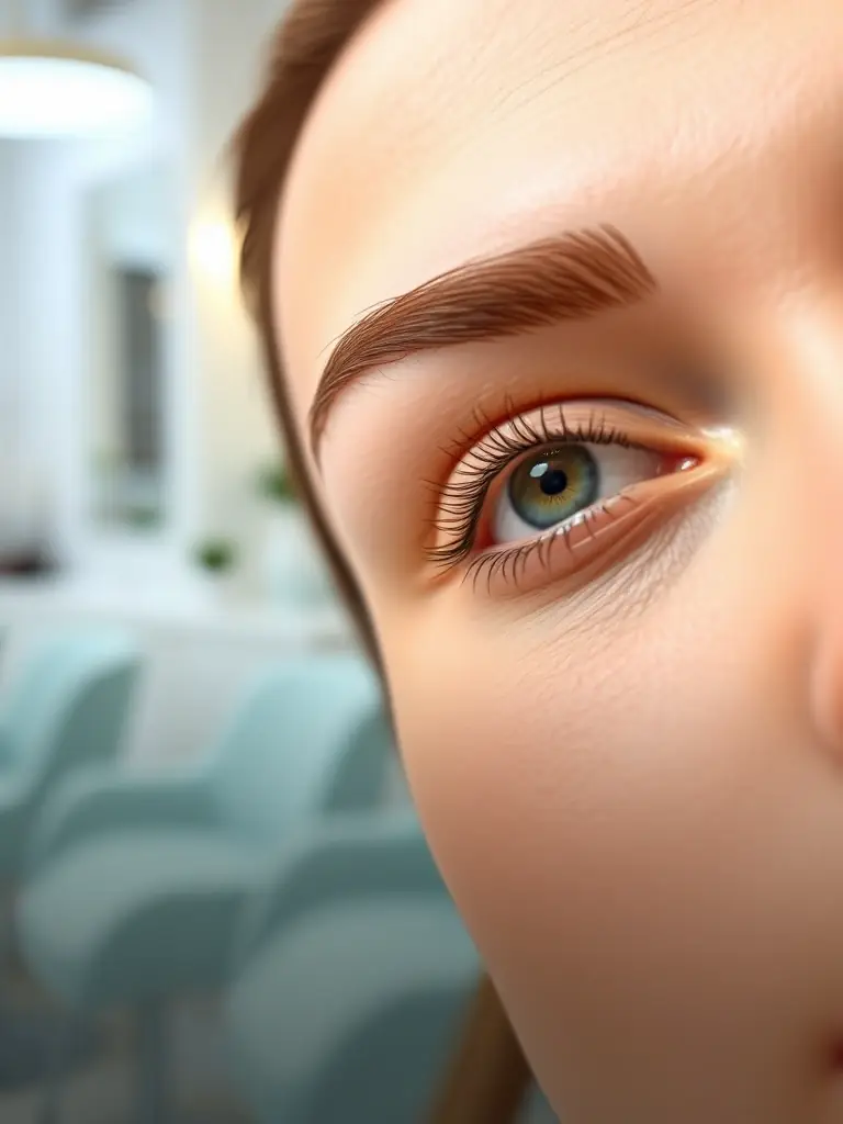 Image of perfectly shaped eyebrows after an eyebrow waxing session, highlighting the clean lines and enhanced facial features. The background is a blurred salon environment.